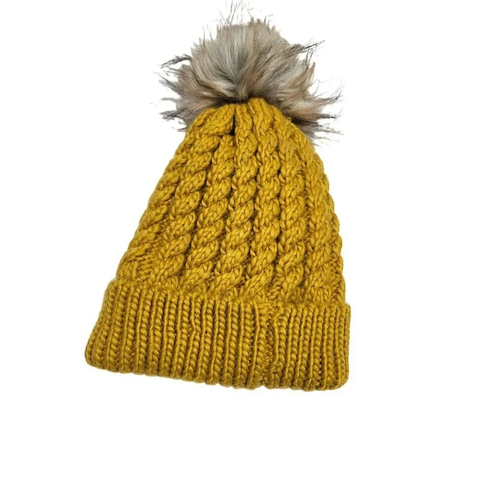 David & Young Mustard Yellow Cable‎ Knit Beanie With Faux Fur Pom & Soft Lining